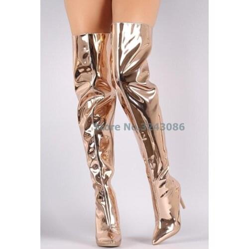 Pointed Toe Basic Thin High Heel Boots Gold Rose Gold Silver Black Metal Luster Over The Knee Long Boots Sexy Nightclub shoes