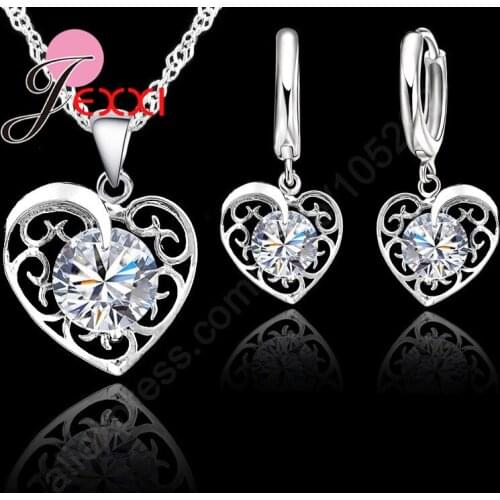 Hollow Heart Shape Jewelry Sets For Women Love 925 Sterling Silver Cubic Zircon Pendant Hoop Earrings Female Wedding Gifts
