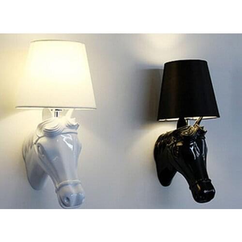 Modern Wall Lamps Resin Gypsum Horse Head Cloth Lampshade Creative Wall Sconce Lighting Bedroom Study Room Cafe Light Fixture