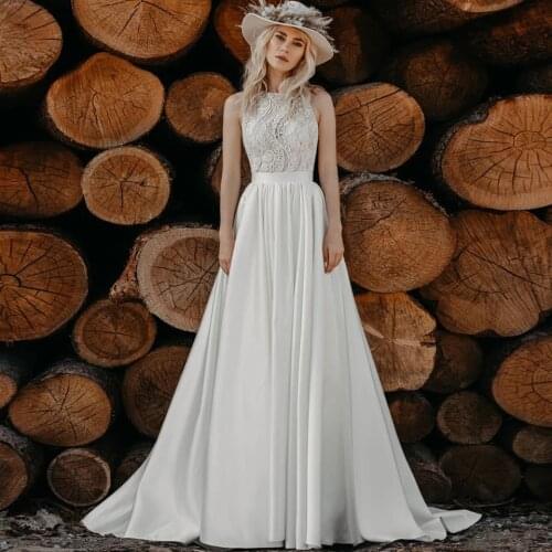 Boho Wedding Dress Halter Neck Lace Tulle Beach Bridal Gowns 2021 Bohemian Sleeveless Vintage Country Style Party Robe de Mariee