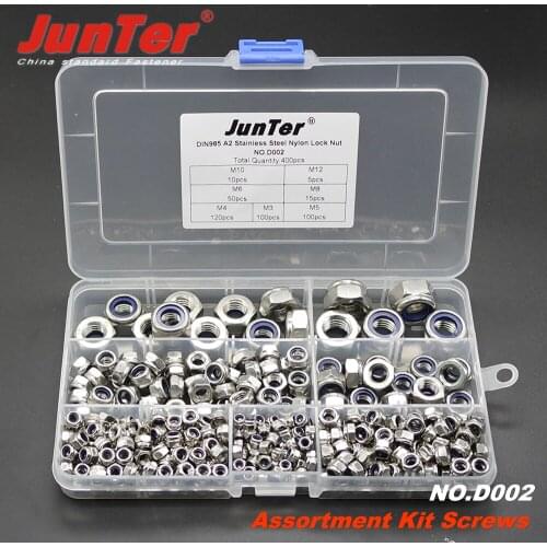 High-quality 400pcs DIN985 M3 M4 M5 M6 M8 M10 M12 A2 Stainless Steel Nylon Lock Nut Metric thread Assortment Kit NO.D002