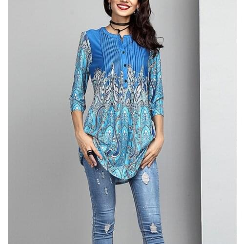 Womens Fashion Long Sleeve Floral Print Tunic New Autumn Top Boho Pleated Tops Vintage Casual Chic Shirt Chemise