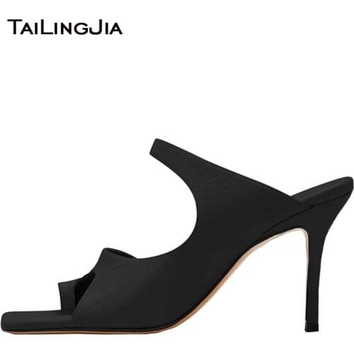 Stylish Black Square Open Toe Heels Women High Heel White Mules 2019 Heeled Red Thong Sandals Ladies Stiletto Heel Summer Shoes