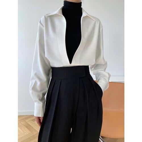 LMQ NEW Womens Fashion Design Elegant Big V Neck Lapel Long Sleeved Pullover Shirt Stackable Blouses Office Lady Casual Tops