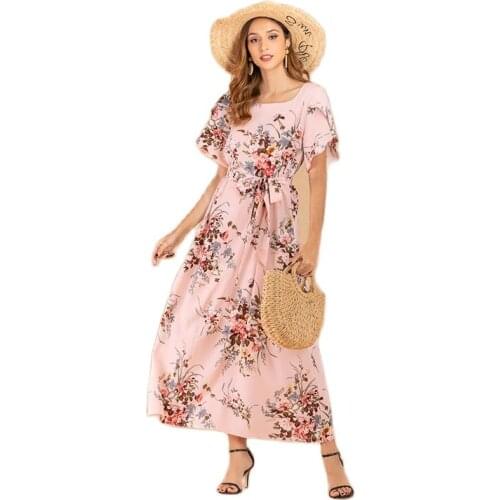 Midi dress casual 2021 spring/summer new print square neck short sleeved chiffon dress