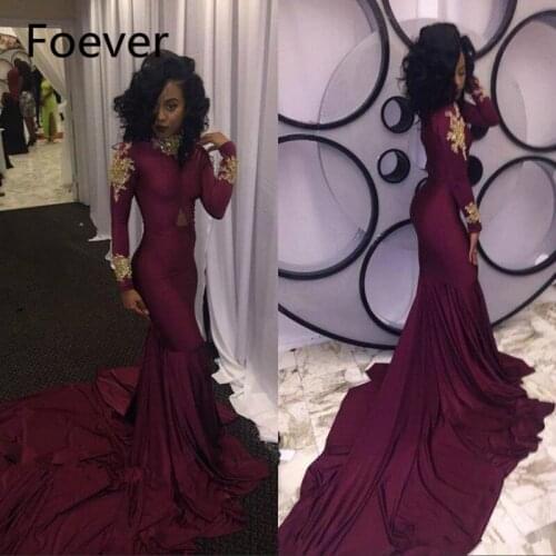 2019 Fashion Women Wine Red Prom Dress Sexy South African Gold Appliques Burgundy Long Formal Evening Party Gown Plus Size