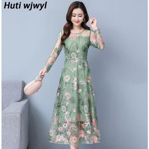 2021 Vintage Sexy Mesh Long Sleeve Midi Dresses Autumn Winter 3XL Plus Size Women Bodycon Dress Elegant Party Embroidery Vestido