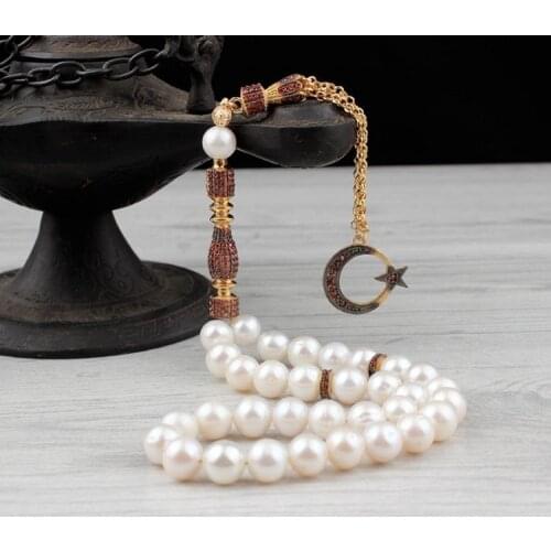 925 Sterling Silver Gold Pearl Stone 33 Piece Tasbih Special Design Islamic Gift, Masterwork Muslim Prayer Beads Masbaha Subha