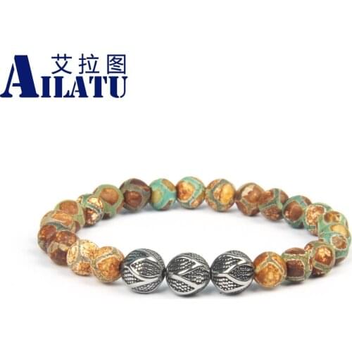 Ailatu New Stainless Steel Curved Ball Bracelet Mens Jewelry with 8mm Natural Football & Lucky Eye Onyx Stone Beads Not Fade