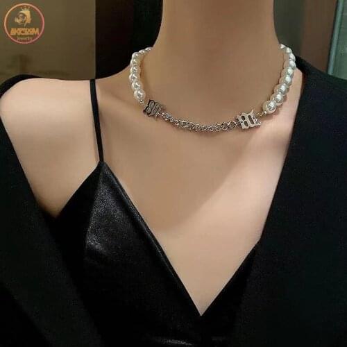 Akizoom Fashion Stainless Steel Necklace for women Choker Pearl bead Thick Chian Pendant Adjustable necklace Party Jewelry Gift