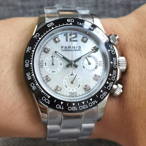 39mm Parnis Quartz Watch For Men Ceramic Bezel Insert Sapphire Glass Full Chronograph White Dial Shell Material Luxury Polished