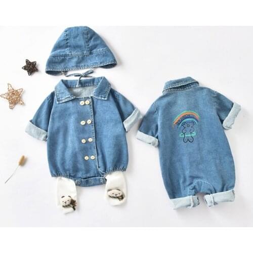 Infant Baby Denim Bodysuits for Girls Fashion Print Rompers Playsuits 2021 Spring Autumn New 100% Cotton Kids Clothes Boys 0-3Y