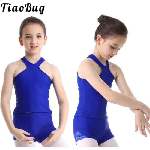 TiaoBug Kids Teens Ballet Gymnastics Dance Costume Lace Side Shorts with Racerback Tops Children Girl Two-piece Sports Dance Set