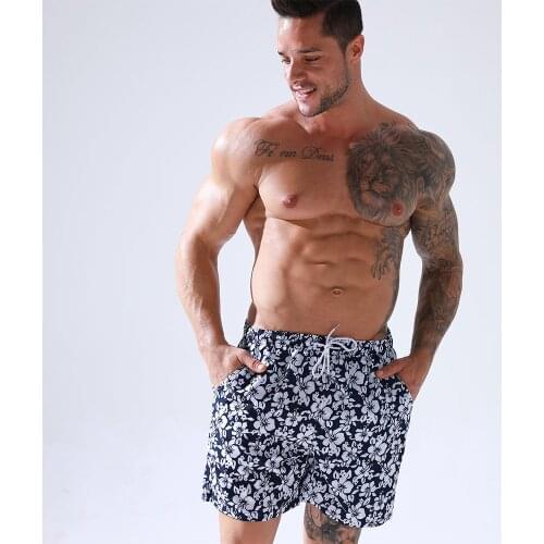 Mens Summer Beach Shorts 2021 Polyester Casual Quick Dry White Flower Printing Men Drawstring Trousers Homme Board Shorts Male