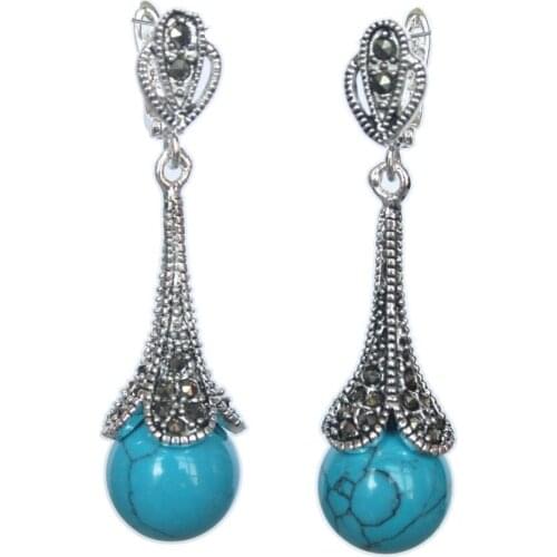 Pair Marcasite 925 Sterling Silver with Blue Jade Dangle Earrings 1 4/5"