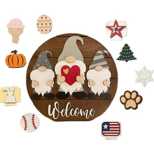 Triple Gnome Interchangeable All Seasons Welcome Sign- Rustic Farmhouse Front Door Hanger for Graduation Party Home Porch Decor