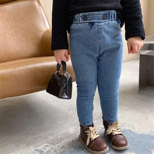 2021 Spring Autumn Girls Jeans Baby Clothes Kids Patchwork Velvet Thickened Denim Pants Childrens Jeans Toddler Cowboy Pants