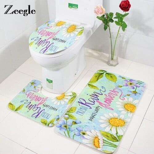 Zeegle Sunflower Printed 3Pieces Carpet For Bathroom And Toilet Non-slip Bathroom Floor Mats Door Mat Washable Toilet Rugs Pad
