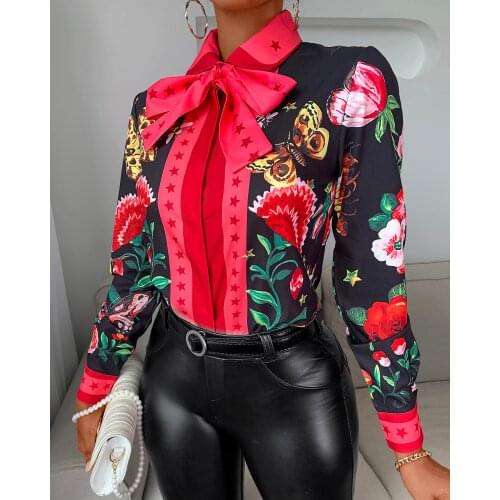 2020 Women Casual Autumn Turn-down Collar Chic Chiffon Blouse Tie Neck Floral Butterfly Print Long Sleeve Blouse Ladies Shirt