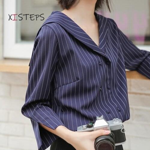 Double Breasted Chiffon Casual Shirts Women Striped Sailor Collar Nine Quarter Sleeve Blouses Office Lady Tops Clothings 2021