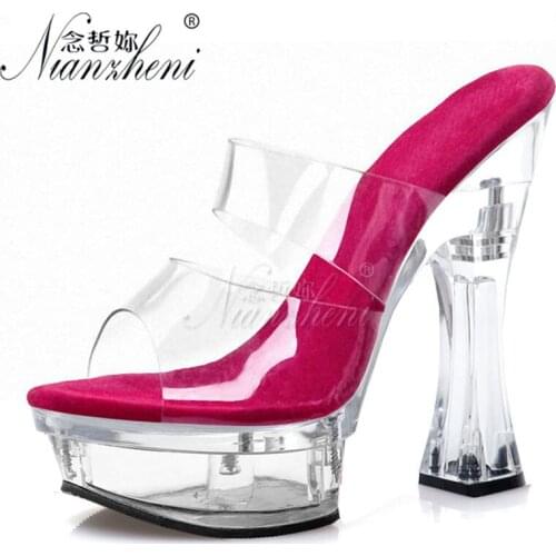 6 Inch Super High Stripper Heeled Pole Dance Shoes New Style Concise Clear Crystal Platform Womens Slippers 14CM Big Size Sexy