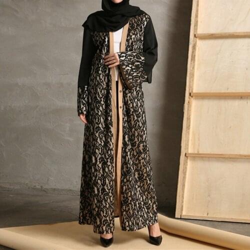 Womens Plus Size Lace Cardigan Concealed Button Robe Dress Abaya Middle Eastern Muslim Dignified Robe Without Headscarf