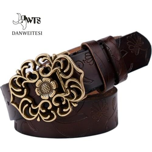 [DWTS]Women Belt Vintage Leather Belt Women Genuine Cow skin Fashion Floral Curved Buckle Belts For Women Top Quality Accessory