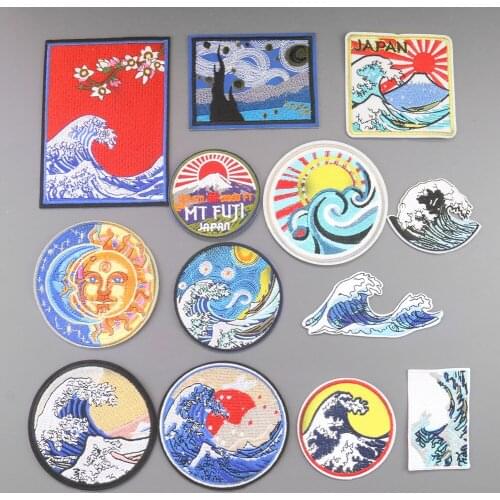 2PCS Van Gogh Wave Patch Badge DIY Adventure Mountain Embroidery Applique Iron on Patch for Clothes Stickers DIY Apparel Sewing