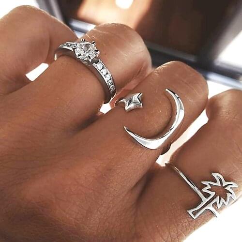 3 Pcs/Set Fashion Simple Crystal Coconut Tree Open Stars Moon Silver Color Ring Set Women Party Wedding Jewelry