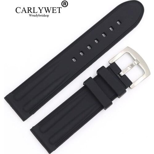 CARLYWET 22mm Black Waterproof Silicone Rubber Replacement Wrist Watch Band Strap Belt Silver brushed Buckle