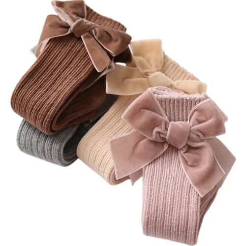 Baby Girl Knee High Rib Stockings Winter Warm Combed Cotton Knitted Stockings with Big Velvet Bow for Infants Toddlers 1-3Years