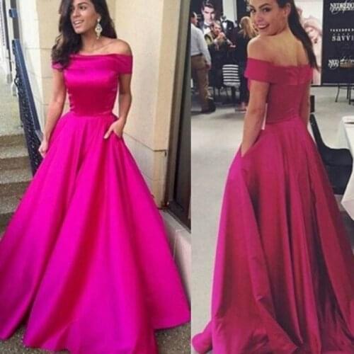 Boat Neck Long Dress Evening Dress Lace Robe De Soiree Longue Formal Dress Burgundy A-line Simple Satin Pocket 2020