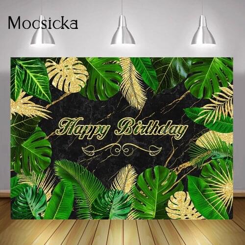 Jungle Green Leaf Happy Birthday Backdrop Golden Birthday Cake Table Background Decoration Safari Party Forest Photocall Props