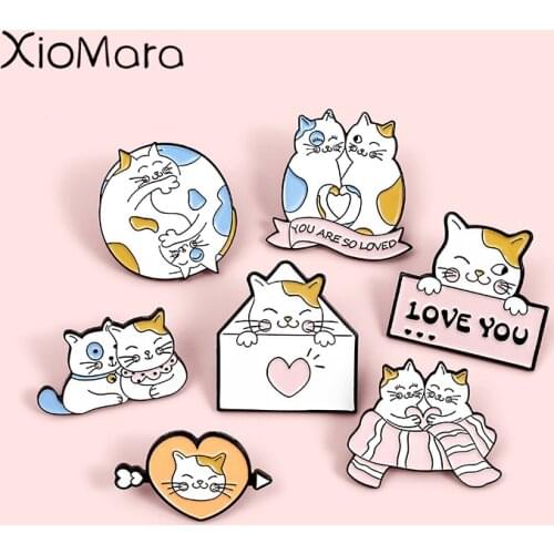 I LOVE YOU Couple Cats Enamel Pins Fashion Cartoon Lapel Badges Wholesale Cute Animals Pins Brooches Jewelry Gifts for friends