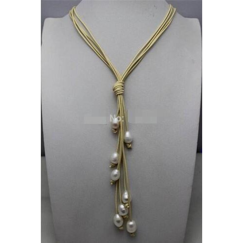 Ente chaude> Genuine White Leather Pearl Freshwater Necklace 20 "