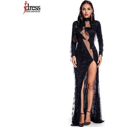 IDress Women Tassel Sequin Split Dress Sexy See Through Mesh Patchwork Long Dress High Neck Long Sleeve Glitter Party Maxi Dress