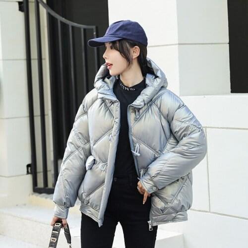Fashion Shiny Cotton Padded Jacket Hooded Womens Loose Solid Color Parka Autumn and Winter Female Thicken Warm Puffer Overcoat