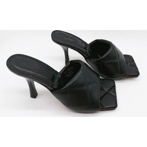 Fashion Hollow Slides Women Crocodile Pattern Leather Square Heels Summer Peep Toe Slippers Sandals Party Dress Shoes