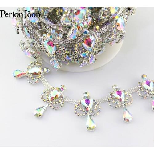 New AB Crystal Water Drop Rhinestone Trim Sparkling AB Color Glass Bridal Wedding dress Headdress decoration Chain ML118