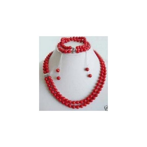 Charming 2Rows Genuine Red Coral Beads Necklace Set Fashion Natural style jewelry brincosgirl Wedding Party, Luxury Dubai