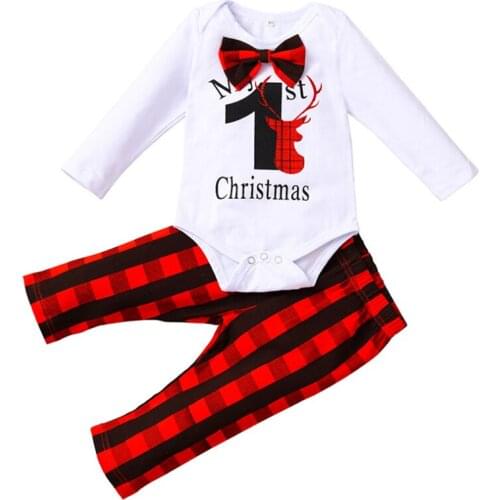 Autumn and winter baby long-sleeved plaid bow printed two-piece suit