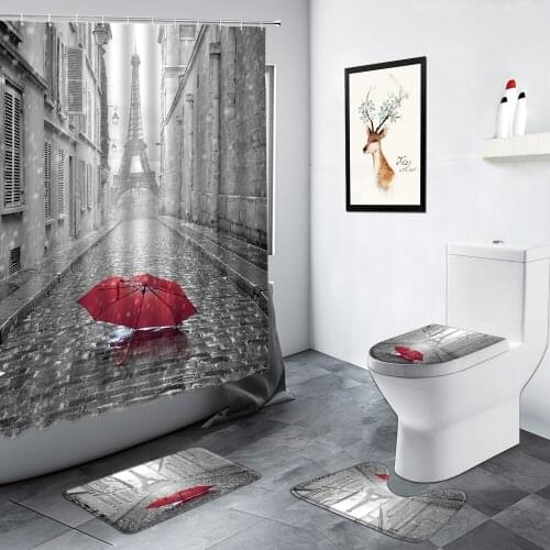 Retro Paris Tower Shower Curtains Red Umbrella Street Scenery Bathroom Decor Non-slip Carpet Toilet Door Foot Mat Bath Mats Set