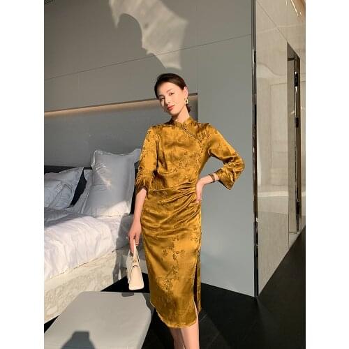Silk Qipao Evening Dresses Golden Cheongsam Dress High End Long Skirt Cheongsams Traditional Qipao Chinese Dress Oriental Dress