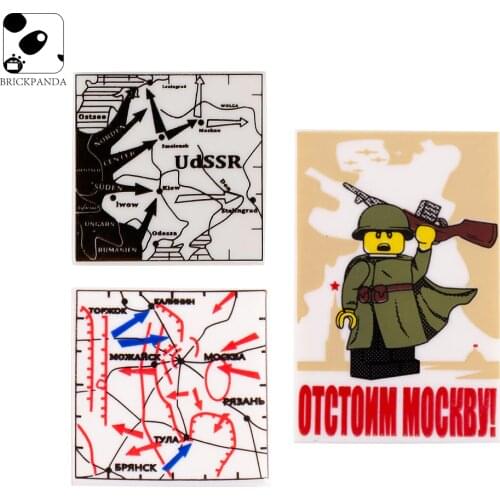 WW2 Military German Soldiers Building Blocks Minifigs Map Weapon Parts Soviet Poster City Mini Printed 2X2 Tile Brick Toys