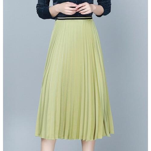 LJSXLS Elegant Solid Quality High Waist Satin Women Pleated Skirt 2021 Summer Midi Length Skirt Office Ladies Faldas Mujer Moda