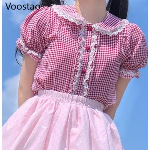 Japanese Sweet Lolita Style Blouses Girls Cute Lace Ruffles Puff Sleeve Plaid JK Shirts Women Preppy Style Kawaii Blusas Mujer