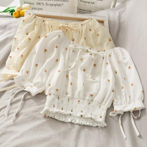 French Niche Bow Tie Tie-neck Short Top Women 2021 Summer New Style Thin White Daisy Puff Sleeve Small Shirt Short Sleeves
