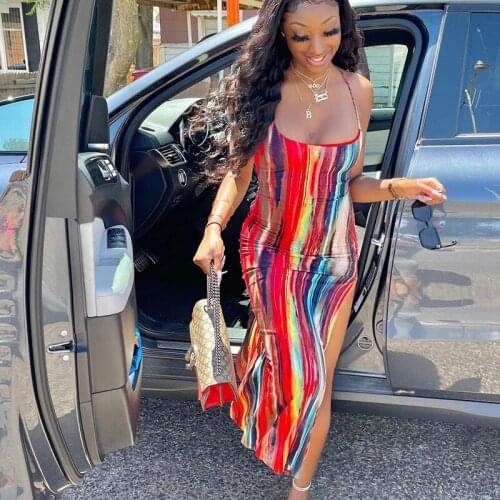 Red/Blue Tie Dye Print Women Strap Midi Dress Lace Up Slit Bandage Bodycon Backless Sexy Party Club Eleant 2021 Summer Clothes