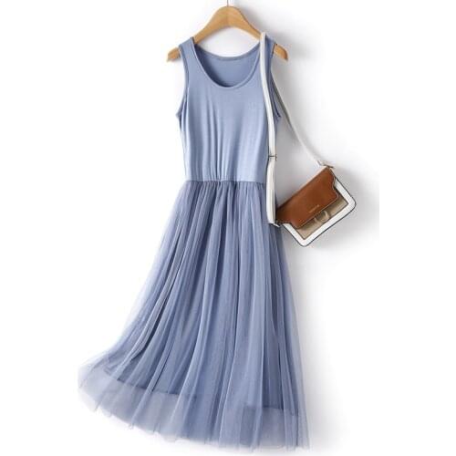 Plus Size Sleeveless Vest Dress Women 2020 Summer Round Neck High Waist Solid Color Tulle Lady Dress Korean vestidos 4XL Z148