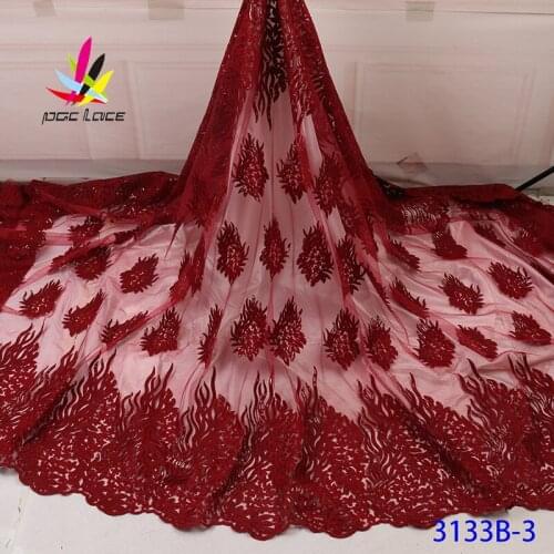 Sequin Bridal Red Wine Fabric Lace African French Nigerian Latest Design Burgundy Color African Popular High Quality Good Price